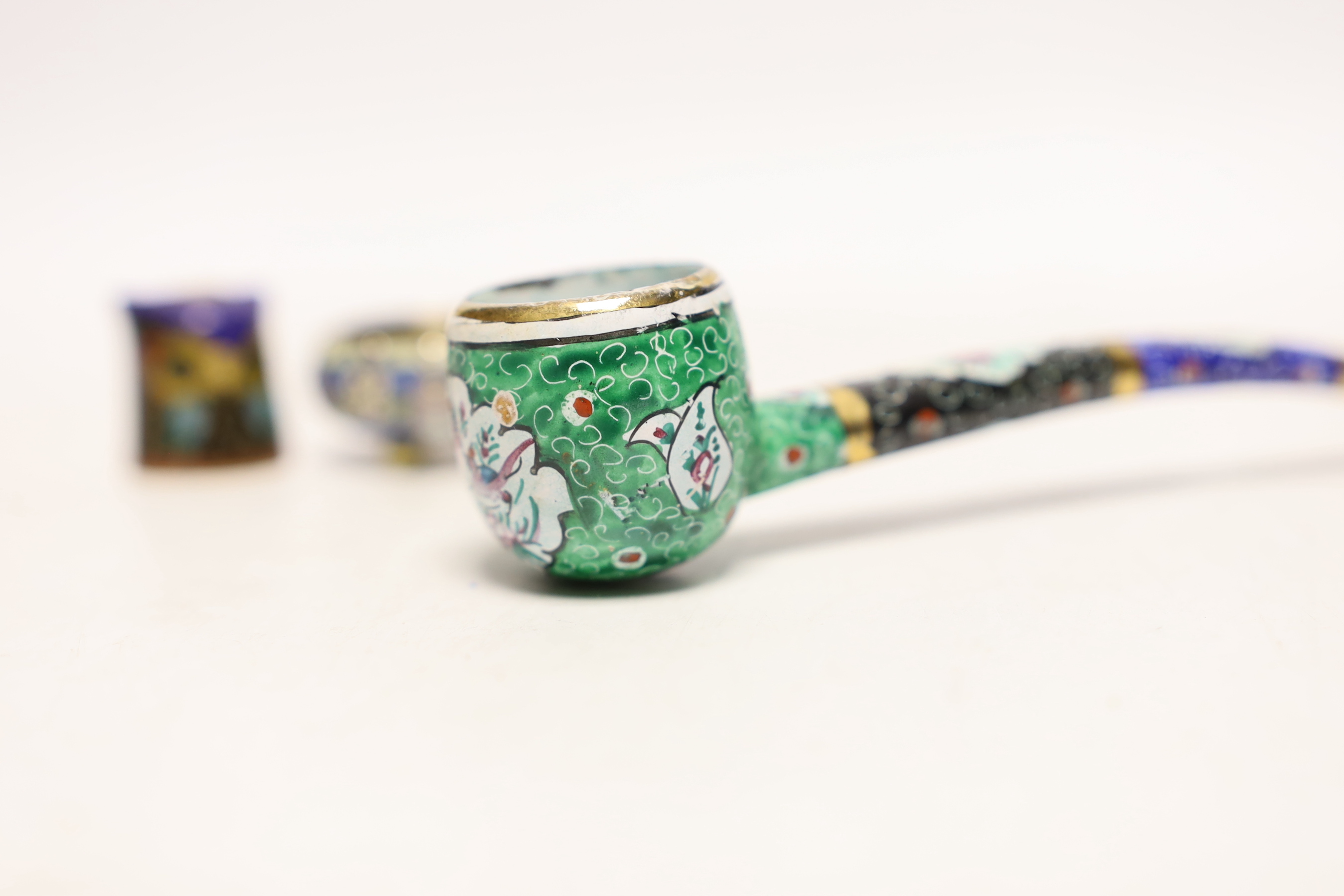 A late 19th/early 20th century Russian 84 zolotnik and cloisonné enamel small salt by Pavel Ovchinnikov, 34mm, together with an enamelled pipe and 'owl' thimble holder.